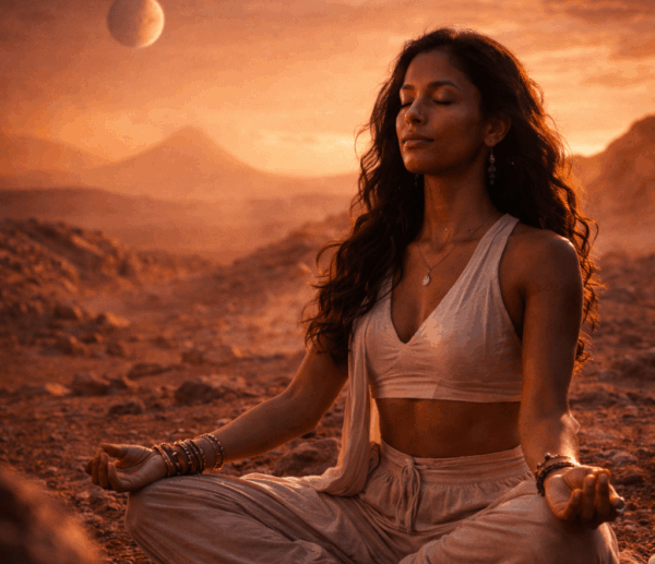 A woman meditating in a luminous desert landscape